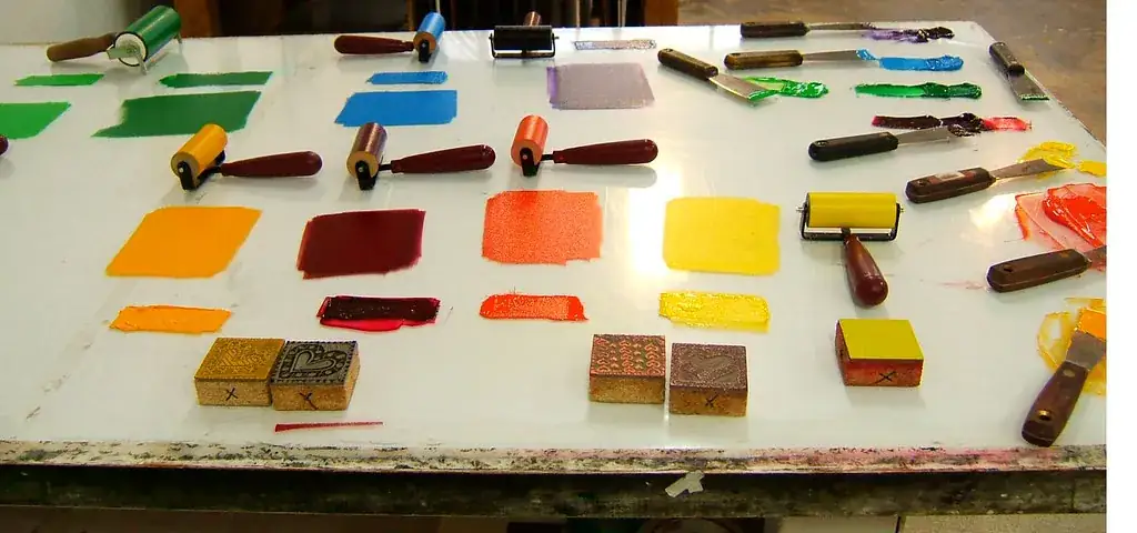 Plaque de verre couverte de touches d’encre de toutes les couleurs, avec les rouleaux et les couteaux à mélanger